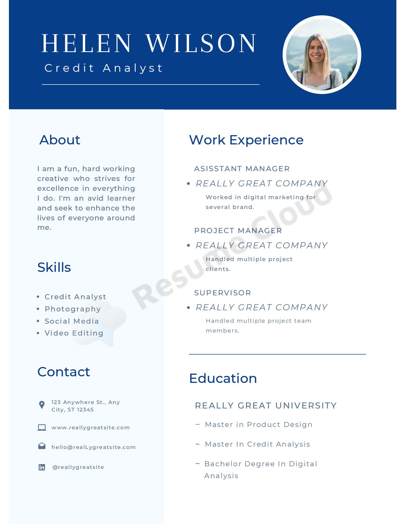 Credit Analyst Minimalist Cv Resume Template