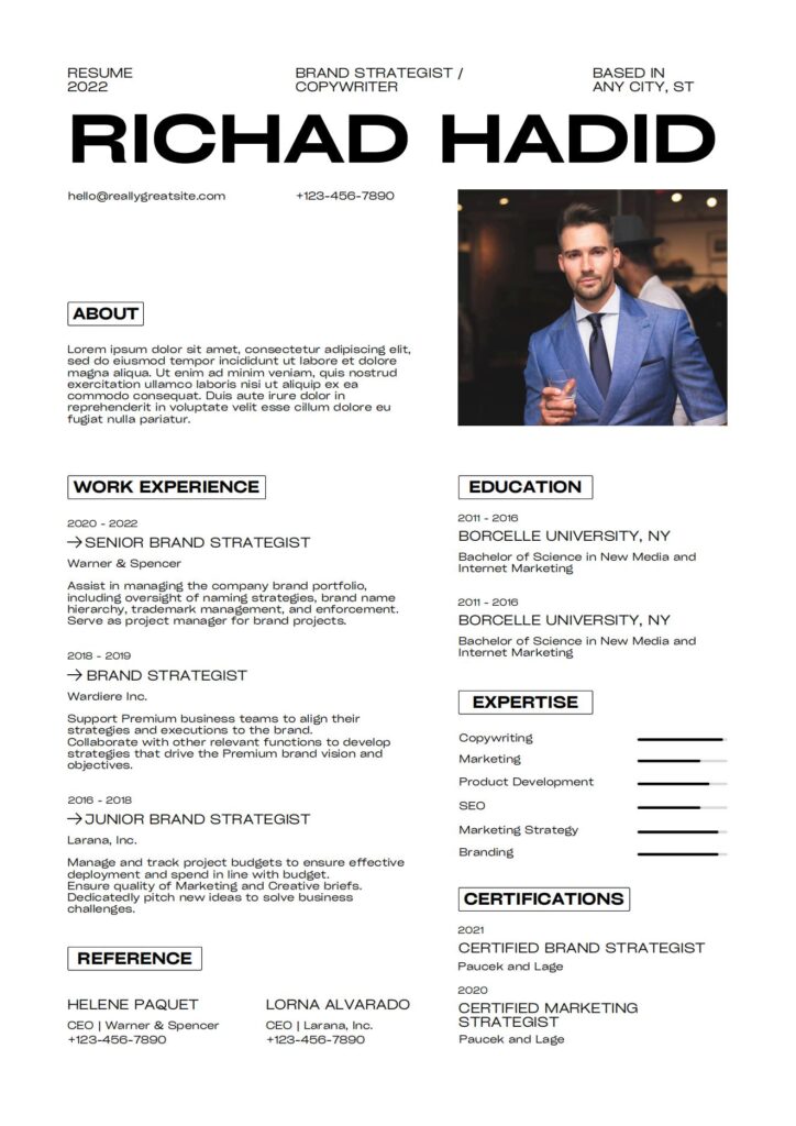 Modèle de CV minimal Curriculum Vitae esthétique Rédacteur publicitaire et stratège de marque