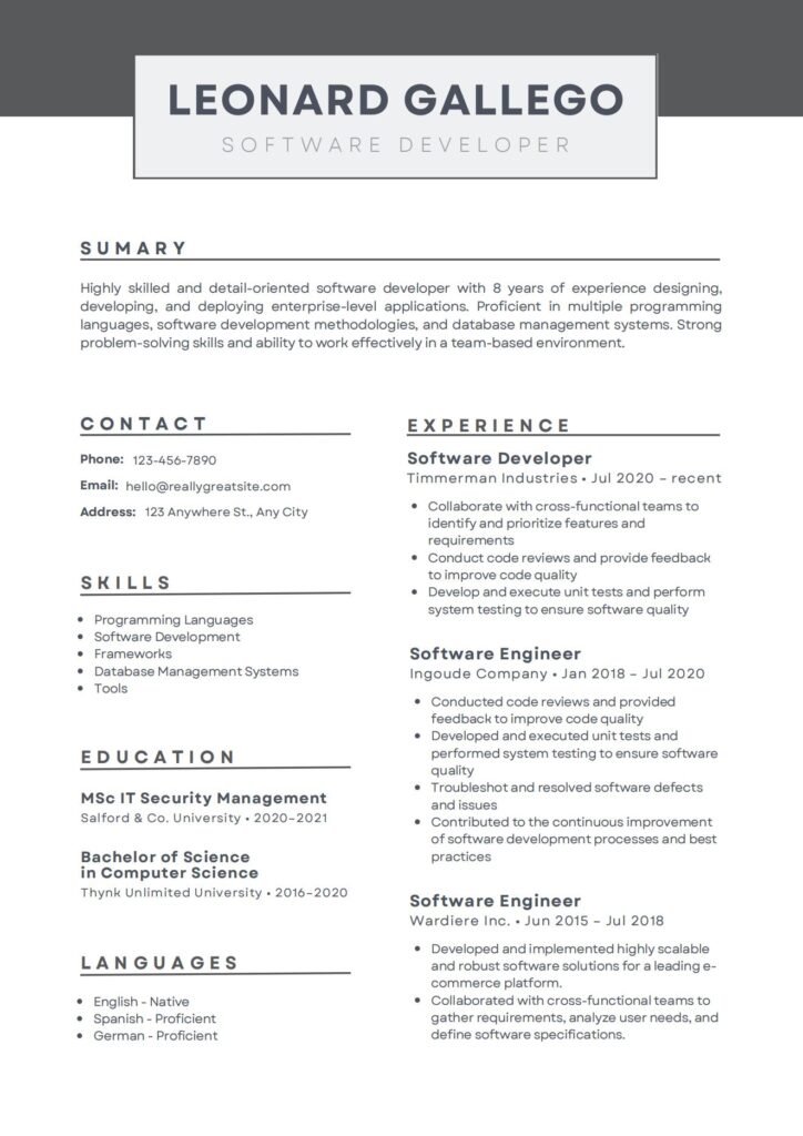 Exemple de curriculum vitae d'un développeur de logiciels informatiques moderne