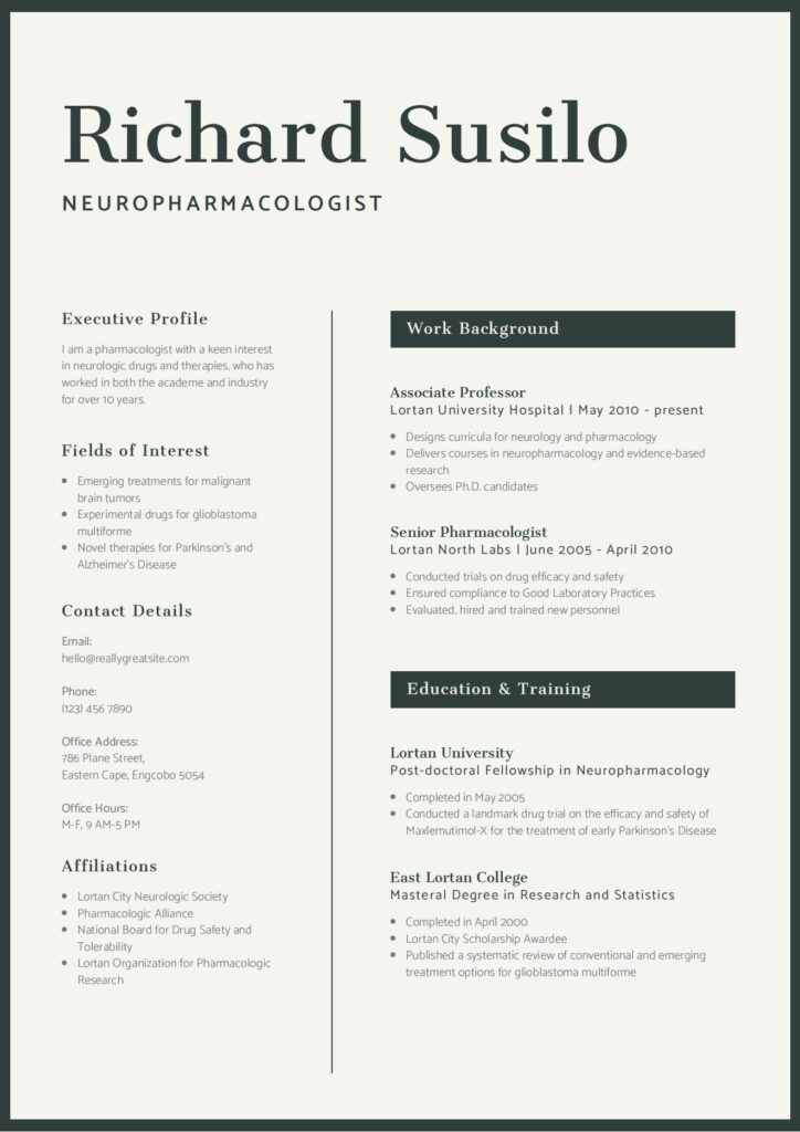 Modèle de curriculum vitae de pharmacologue